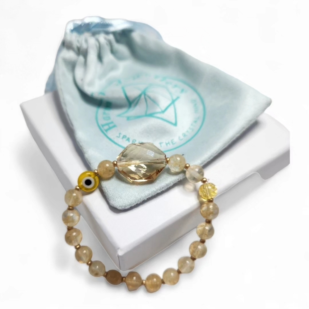 6 mm Yellow Quartz, Faceted Czech glass and Evil Eye symbol